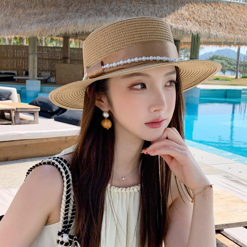 Classic French Vintage Pearl Sun Hat With Wide Brim For Summer Outdoor Sun Protection