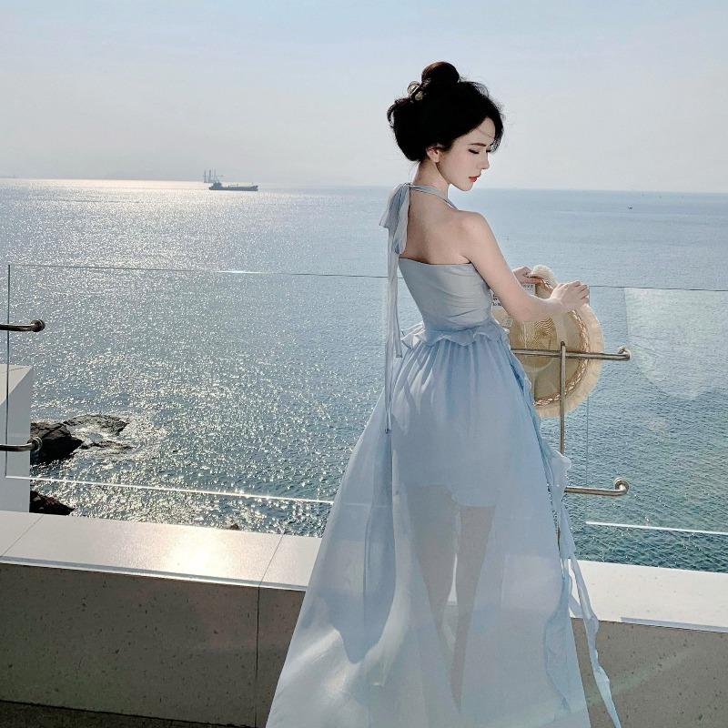 Dopamine Seaside Vacation Stunning Photo Skirt Sexy Ruffle Edge Neck Halter Irregular Dress