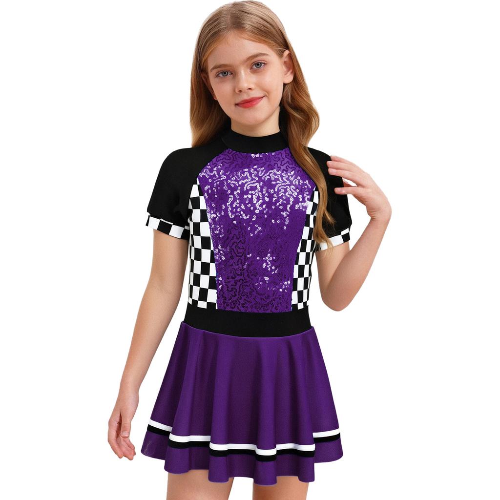 Girls Checkerboard Shiny Sequins Race Dress Mock Neck Short Sleeve Back Invisible Zipper with Built-in Briefs for Halloween Theme Party