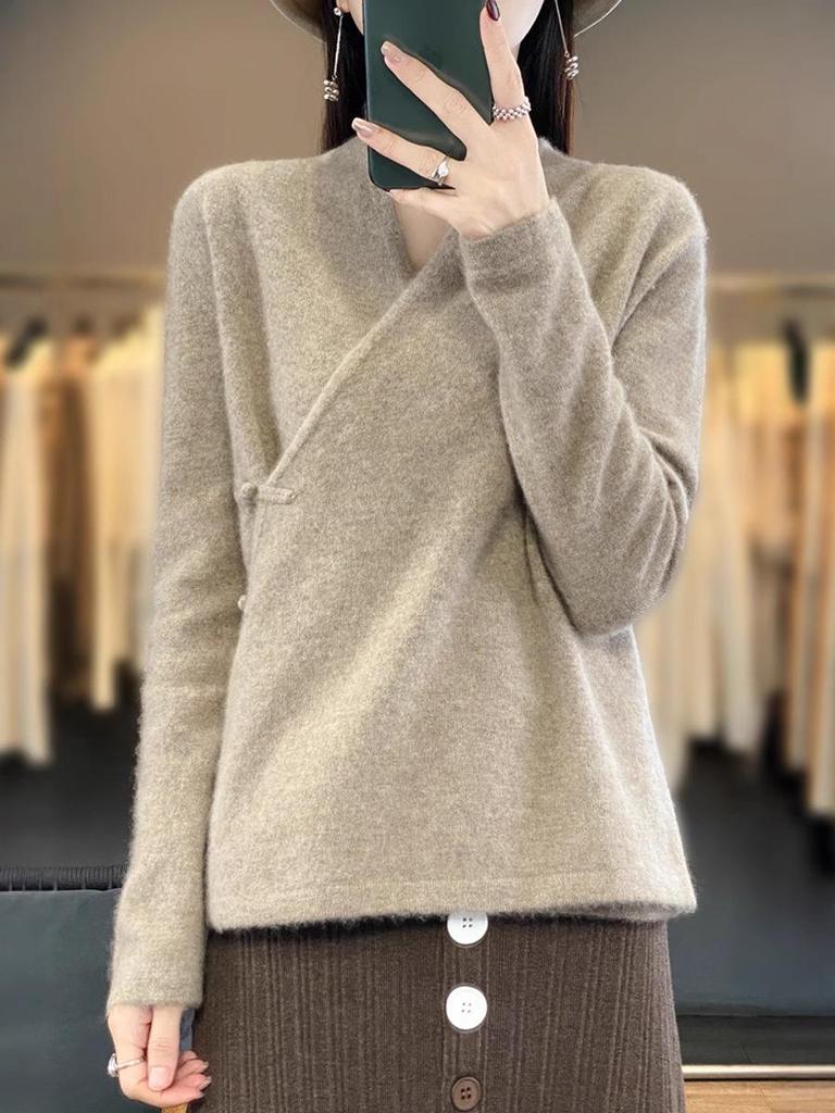100% Pure Wool Women's Cross-Button Sweater - Trendy Autumn/Winter Base Layer Cashmere