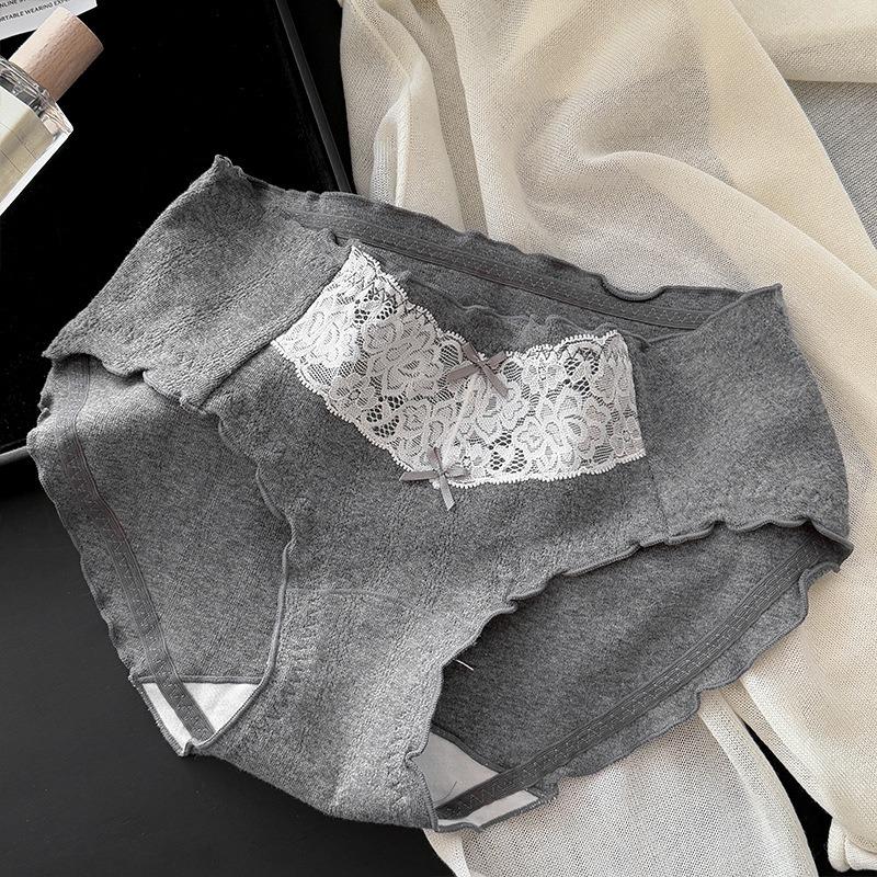 Women Pure Cotton Lace Mid Waist Antibacterial Solid Brief Underwear For Ladies