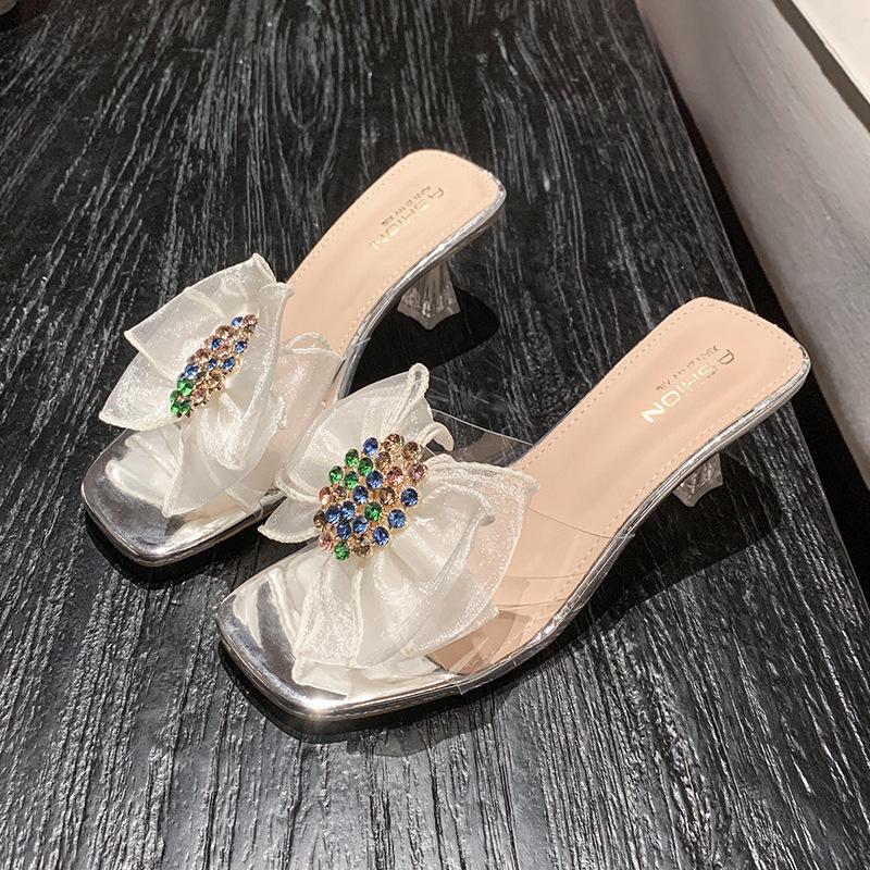 

Small fresh high-heeled sandals girl 2025 summer new French bow colored diamond square head crystal and slippers 40 серебряный