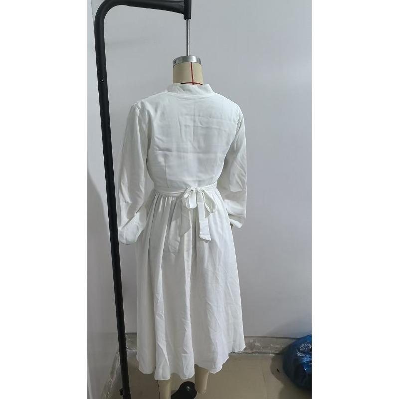 Women'S Long-Sleeved V-Neck Solid Color Pleated Belt Dress Long Dress