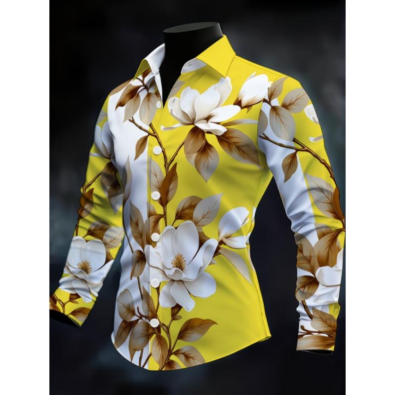 New men's casual shirt long sleeved slim fit 3D bird print shirt fashionable casual men's pattern top