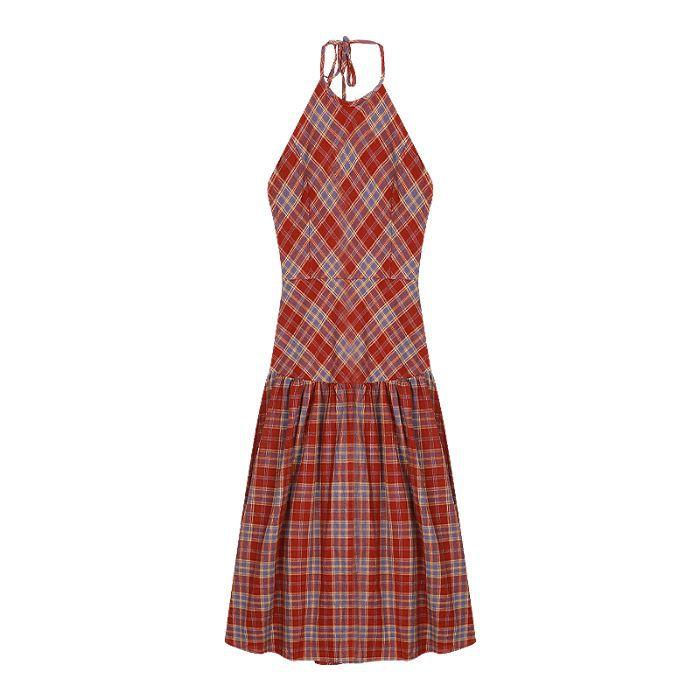 

Red plaid dress niche neck suspender skirt women s summer backless strap A-shaped skirt temperament seaside long dress S красный