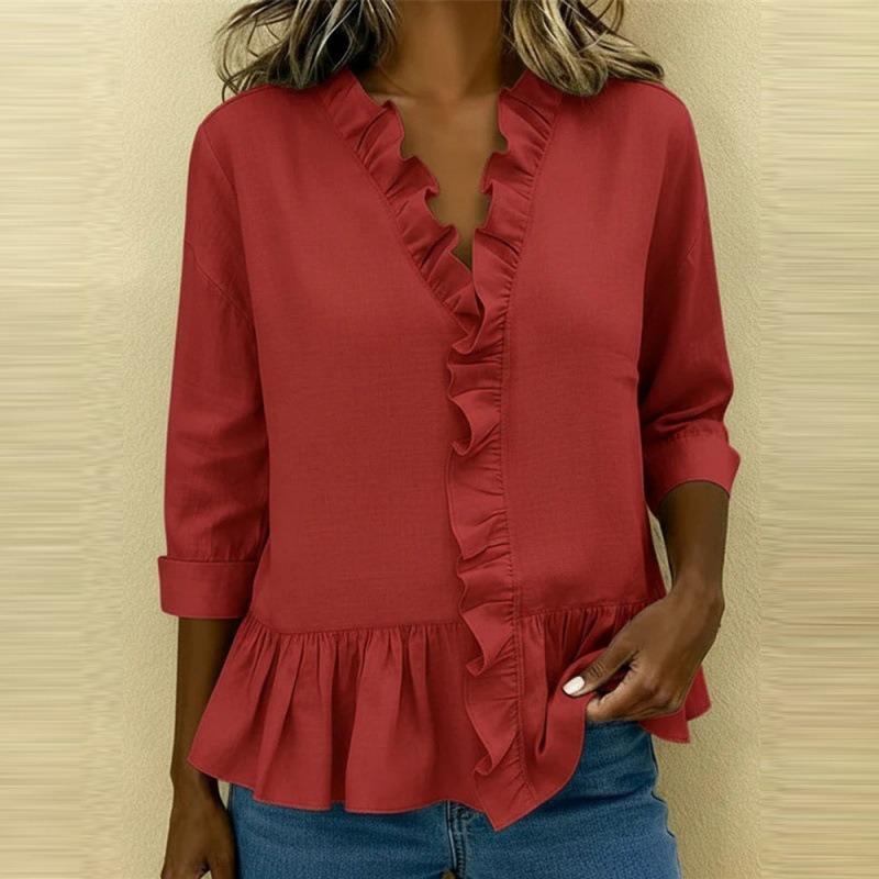 Women Solid Color Ruffle Trim V Neck Three Quarter Sleeve Casual Blouse Shirt