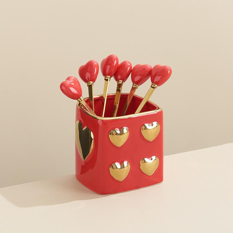 Luxury Gold-plated Ceramic Fork and Spoon Storage Jar Stainless Steel Fruit Fork and Spoon Box Modern Heart Ceramic Storage Jar