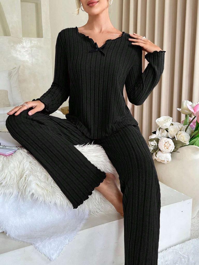 Women Two Piece Pajama Set Long Sleeve Ribbed Top and Full Length Pants Soft Comfortable Loungewear Sleepwear Set