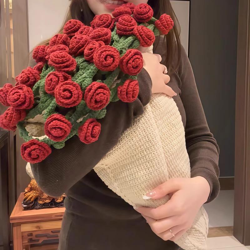 Handmade Knitted Rose Bouquet Round Crochet Flower Blanket