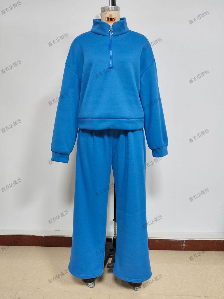 2025 Women's Casual Half-Zip Hoodie and Long Pants Set - European & American Autumn/Winter Style.