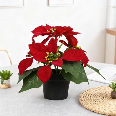 Potted Poinsettia Christmas Flower Arrangement Ornament Artificial for Home Tabletop Office