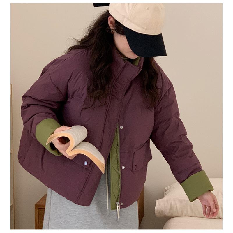 Real Shot Korean Version New Color Matching Down Cotton Suit for Women's Short Fashionable Loose Stand-collar Bread Suit with Thick Coat