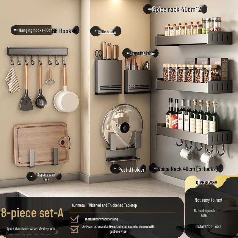 Gun Gray No-Drill Wall-Mounted Kitchen Storage Rack for Knives and Seasoning