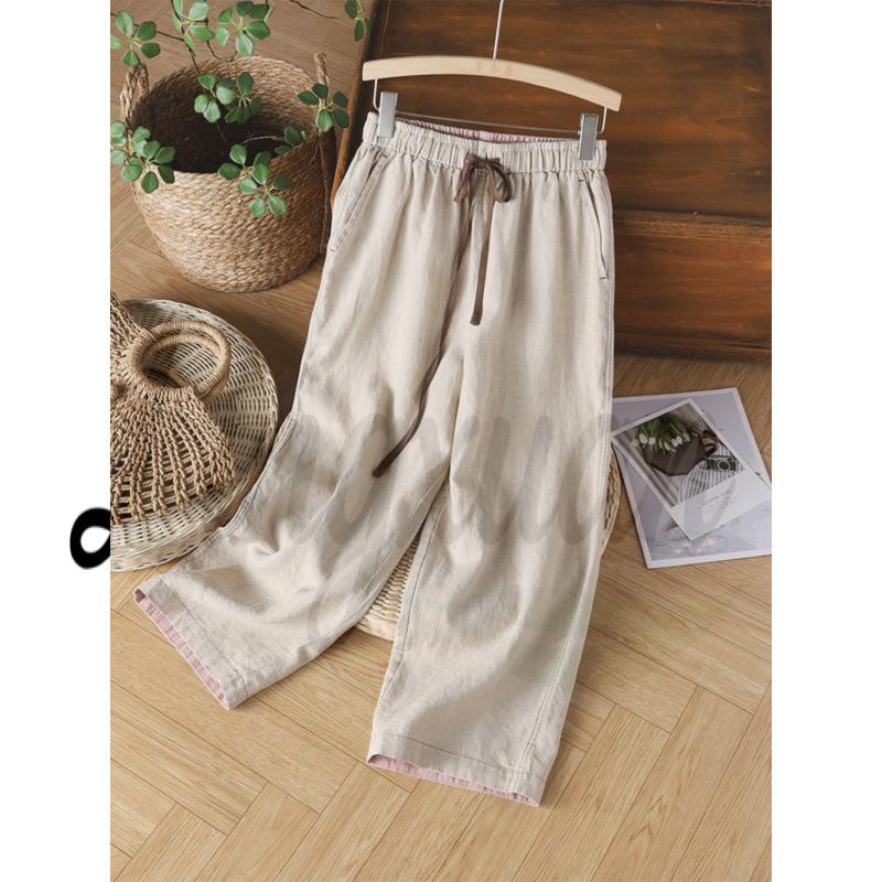 

Cotton-Linen Color Block Straight-Leg Pants with Elastic Drawstring Waist for Women XL