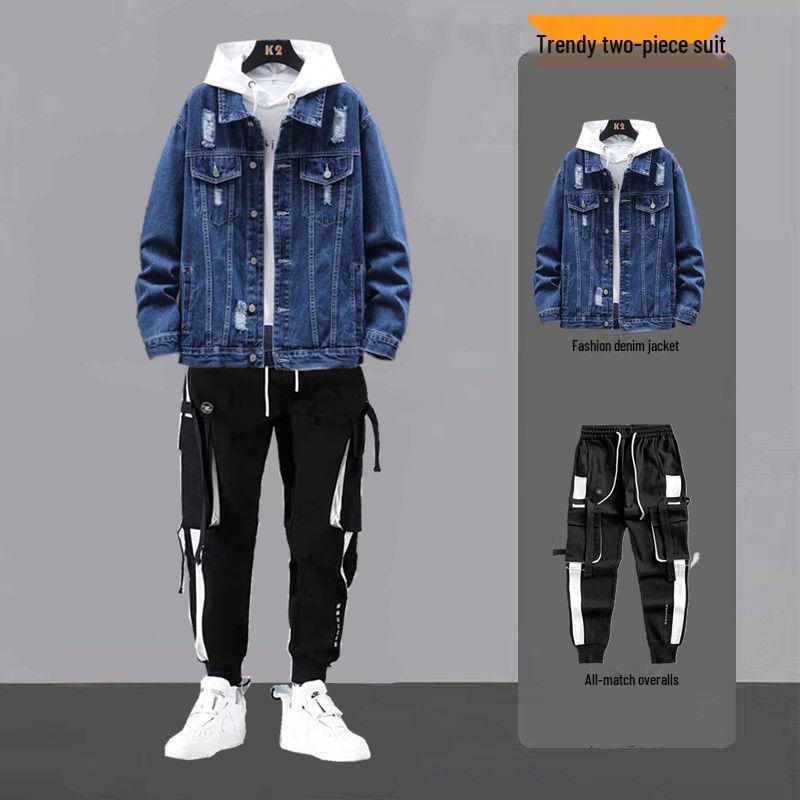 Pánský jarní džínový dvoudílný oblek: Stylová sada bundy a kalhot