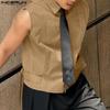 INCERUN Men Lapel Neck Sleeveless Solid Lace-up Casual Shirts Tank Tops