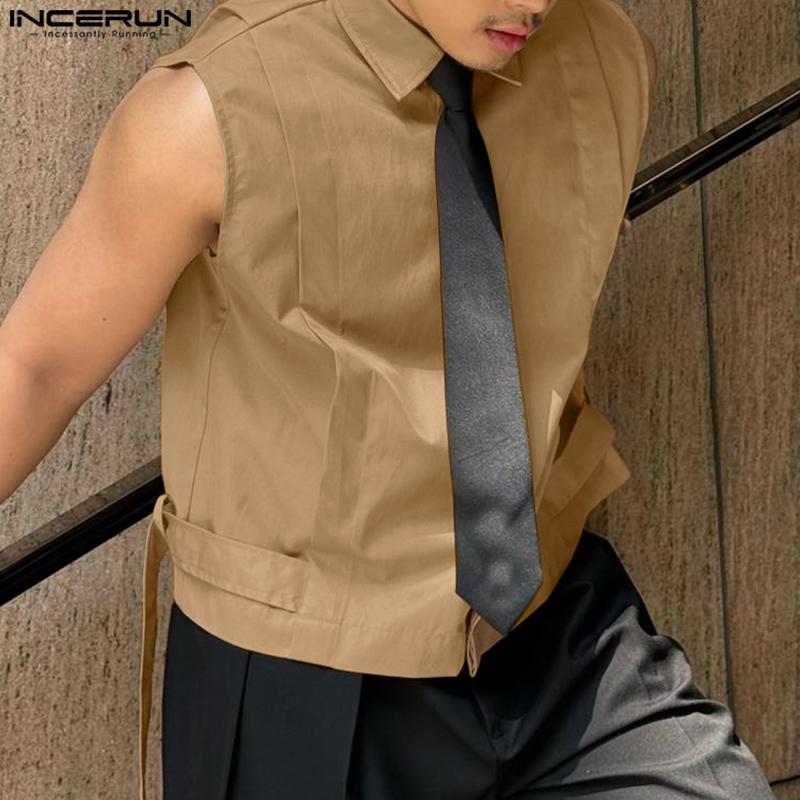INCERUN Men Lapel Neck Sleeveless Solid Lace-up Casual Shirts Tank Tops