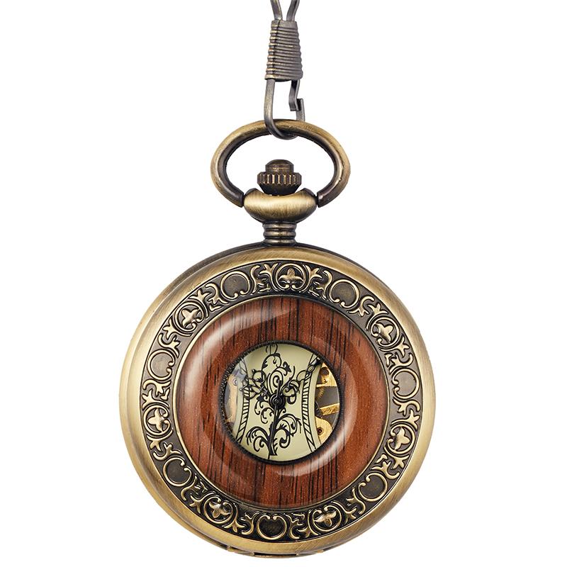 Vintage luxury wooden ring skeleton pocket watch flip Roman numeral manual winding mechanical pocket watch reloj de bolsillo