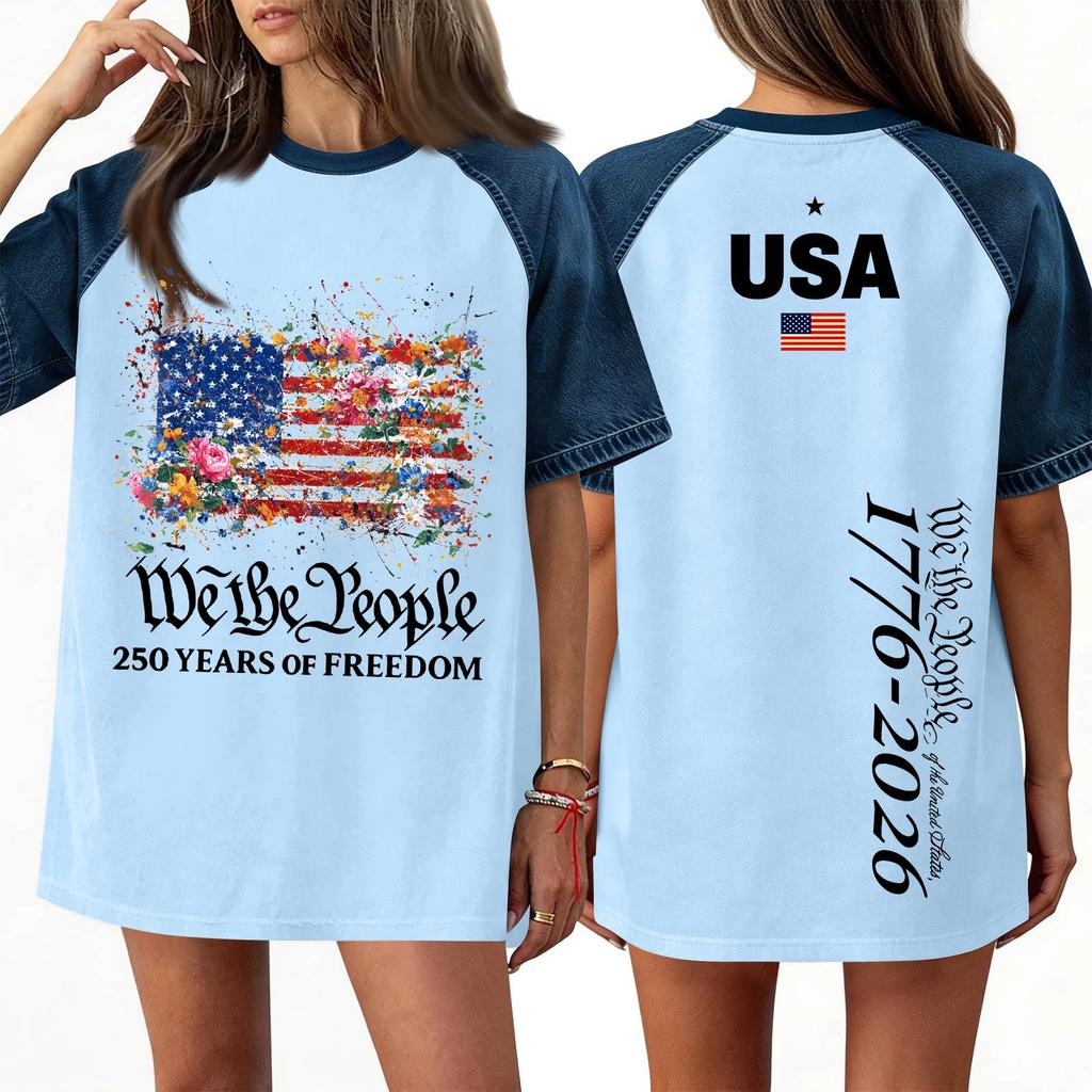 Women's Denim Patchwork Top,  Casual Short-sleeved Comfortable T-shirt,  Fashionable For Spring And Summer.