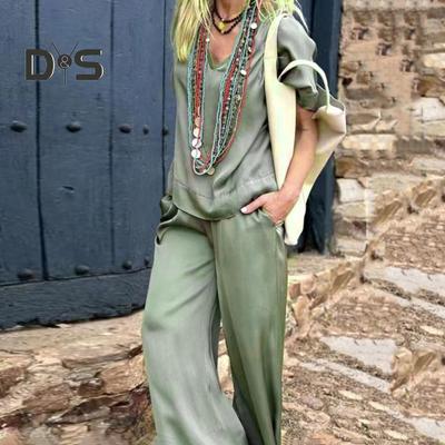 2Pcs/Set Women Solid Color Loose Fit Casual Outfit V Neck Half Sleeve Pullover T Shirt Elastic Waist Pockets Wide Leg Long Pants Set