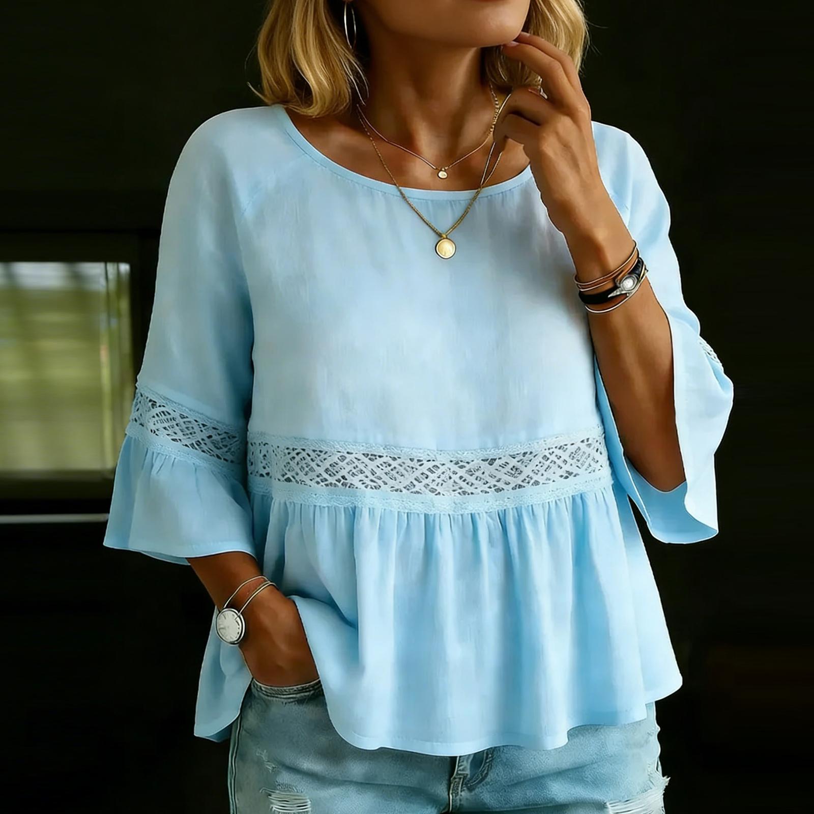 Женская Повседневная Модная Свободная Хлопково-Льняная Кружевная Пэчворк Рубашка Топ с Круглым Вырезом XXL синий