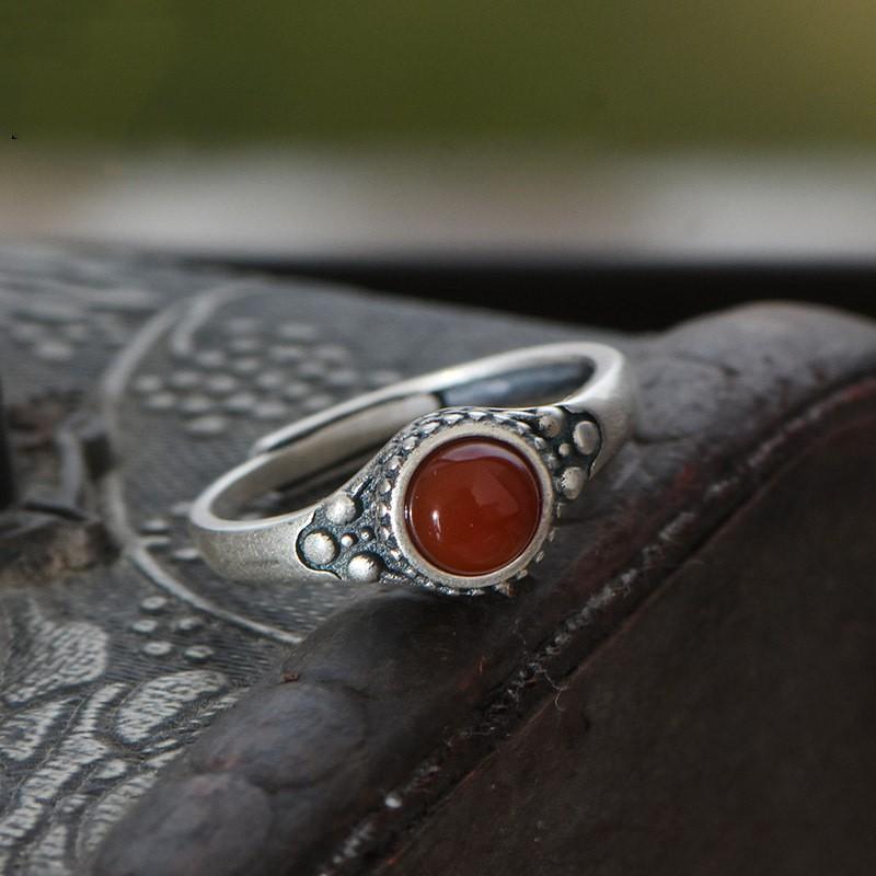 Adjustable Open Ring With Natural Red Agate Stone Sterling Vintage Boho Womens Jewelry Gift Adjustable Open Band