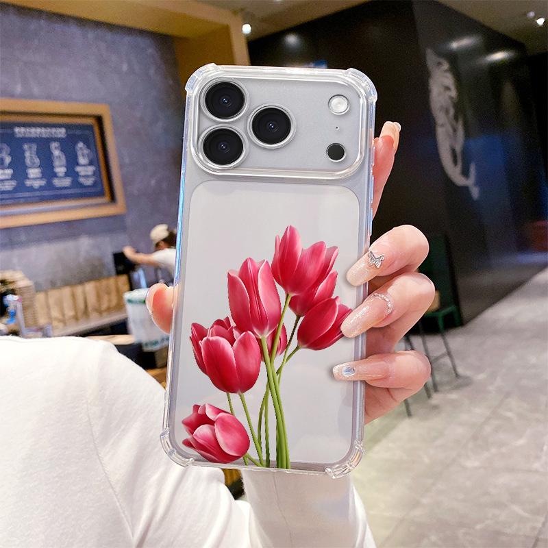 Factory Ins Wind Red Tulip UV Painted Mobile Phone Case Apple 16promax Four Corners Anti-drop Protective Case