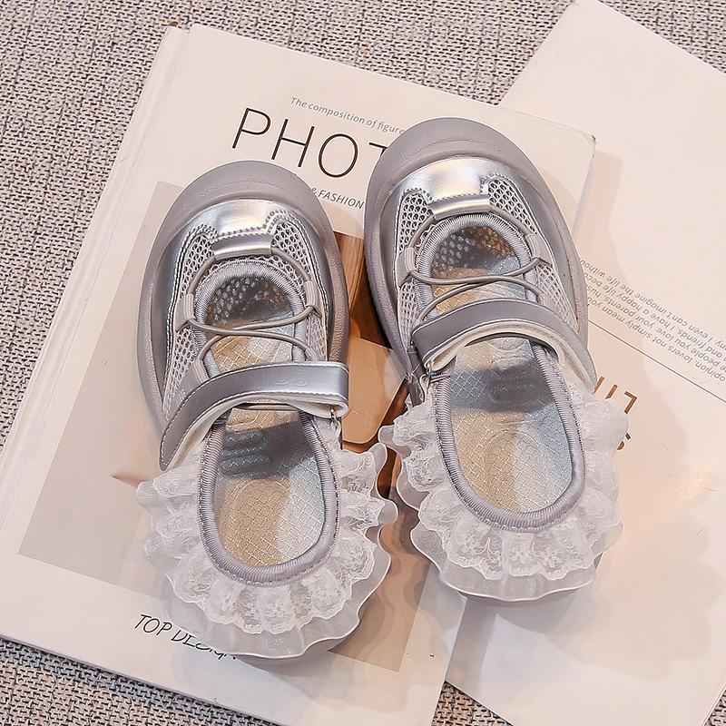 Kids Silver Mesh Lace Trim Casual Closed-Toe Sandals 26