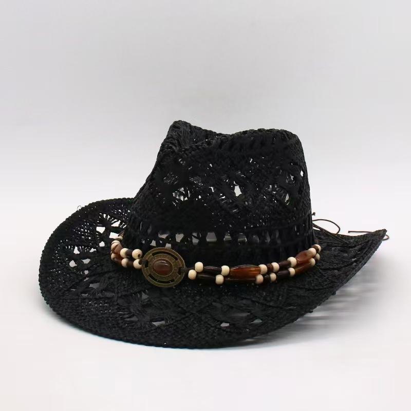 1Pc Summer Bohemian Shell Straw Hat Beach Women Men Cowboy Hats Wooden Beads Hollow Out Western Wide Brim Sun Hat Holiday Cap