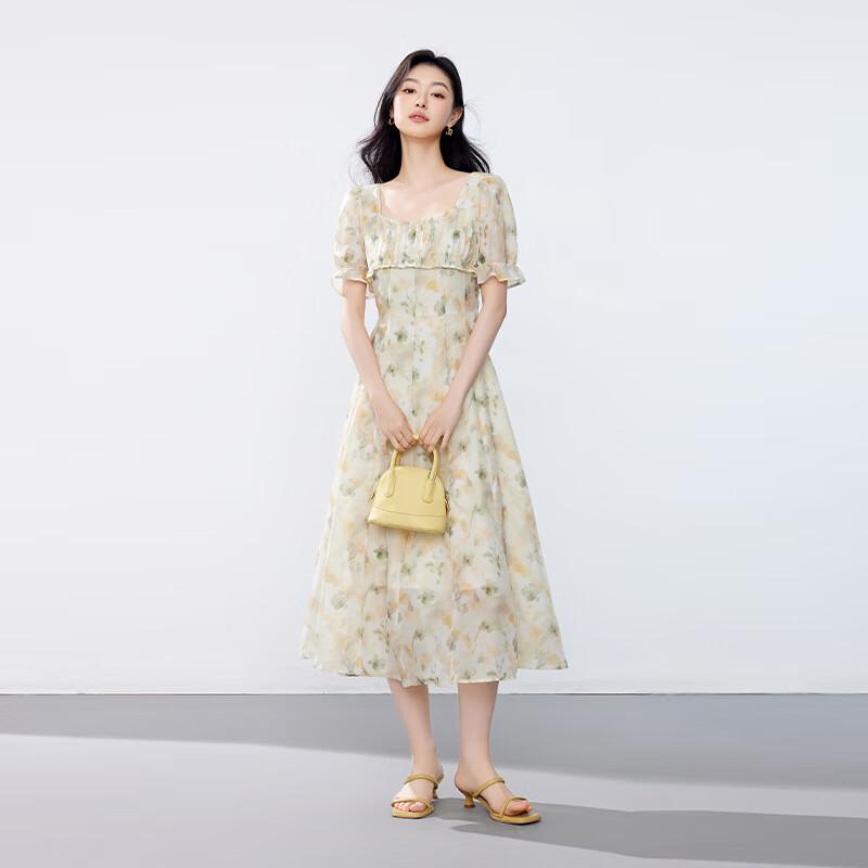 JOY SPEAKER Women's Elegant Printed Square Neck Midi Dress