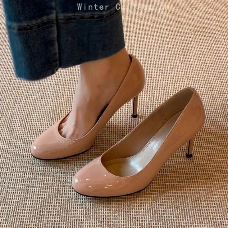 

Fashion Fashion Super High Heel Stiletto Single Shoes New Round Toe Patent Leather Slip-On Pumps for Autumn 34