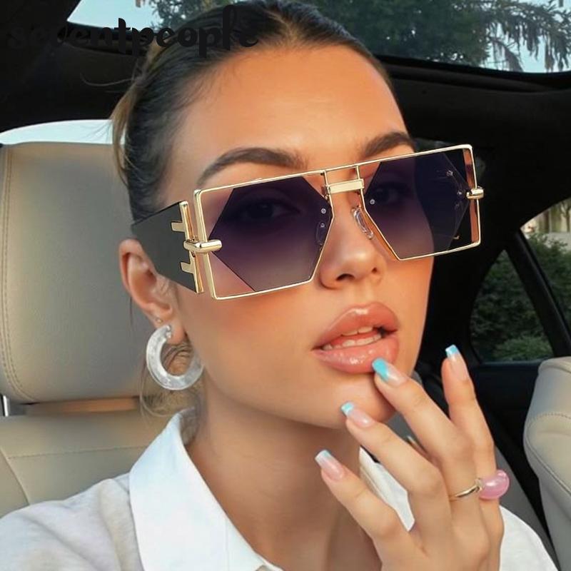 Vintage Punk Rectangle Sunglasses Women New  Luxury Brand Trendy Hollow Hexagon Lenses Double Beam Shades For Ladies UV400
