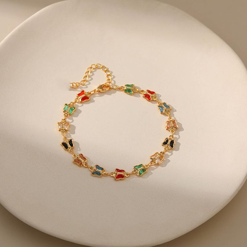 Summer new copper plated colored glass diamond butterfly design bracelet single layer sweet bracelet bracelet