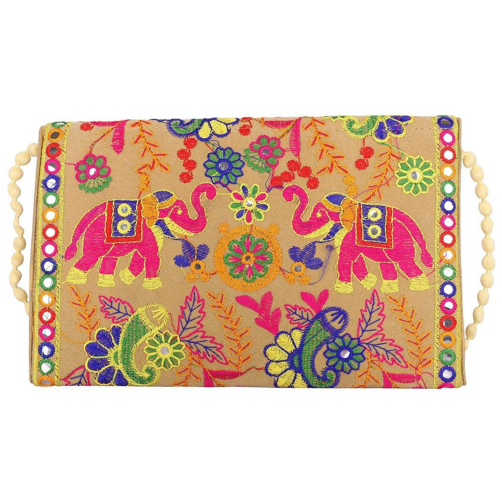 Clutch Bags for Women Handmade Embroidery Mirror Work Stylish Sling Bags for Women Cross Body Bags for Ladies and Girls - 22X16 Cm