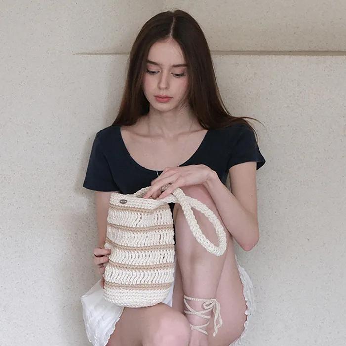 Moroccan Handmade Crochet Stripe Bucket Bag _ Cream