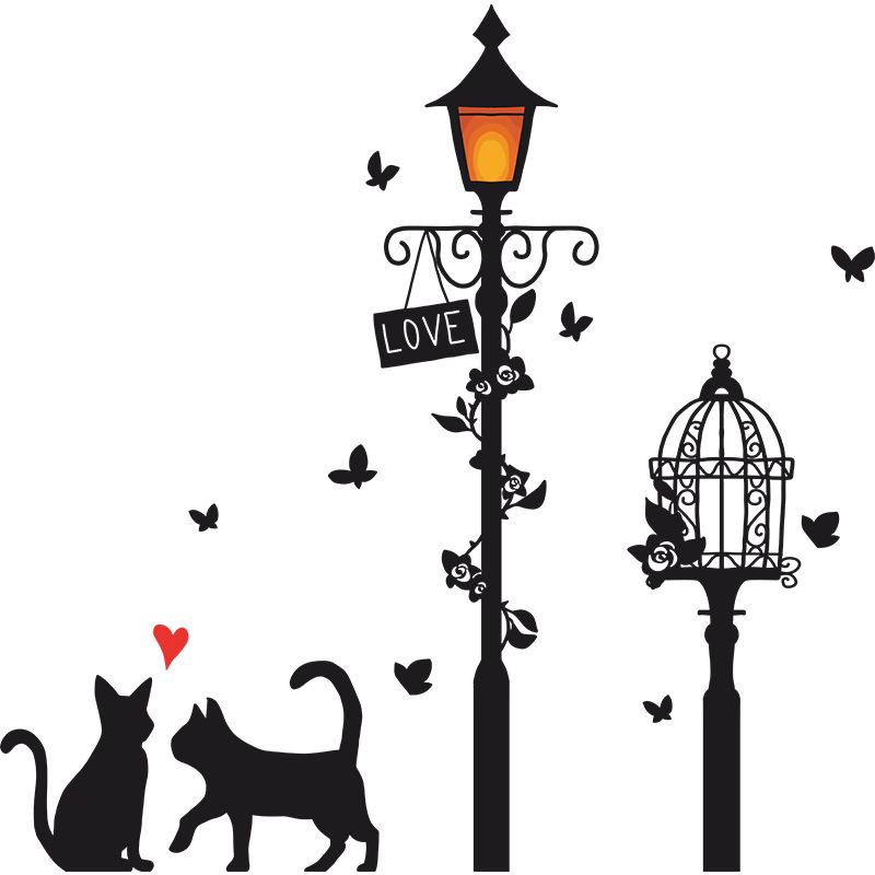 Cartoon Street Lamp Cat Wall Sticker Living Room Entrance Background Home Decoration Bedroom Decor Decal Self Adhesive Wallpaper