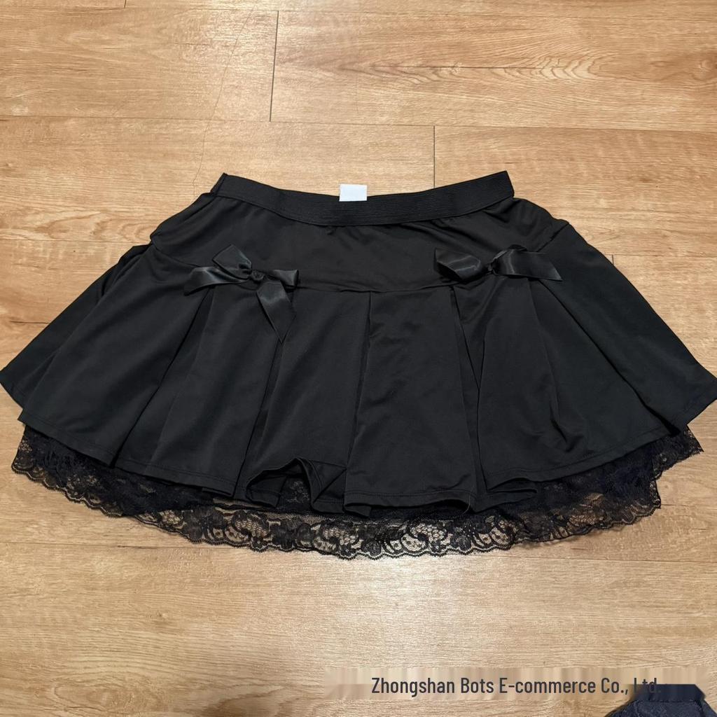Korean Style Lace Trim Pleated Bow Ruffle Slimming Short Skirt