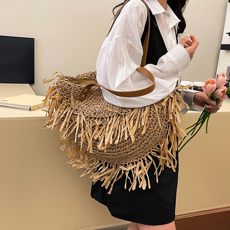 Geantă de umăr tricotată elegantă pentru femei cu ciucure, geantă împletită ajurată, rezistentă la uzură, țesută manual, geantă de plajă, genți shopper