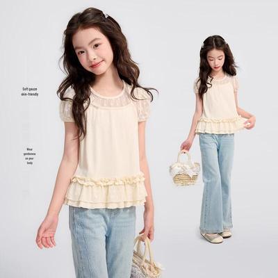 Girls' Soft Lace Patchwork Short Sleeve T-Shirt