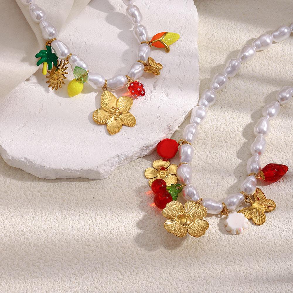 MamacitaSlay 316L Stainless Steel Ocean Series Flower Pearl Necklace 18K Gold Plated Waterproof Jewelry Vacation Party Necklace