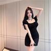 American retro chest hollow strap bubble sleeves black dress women's summer square neck fungus edge waist skirt