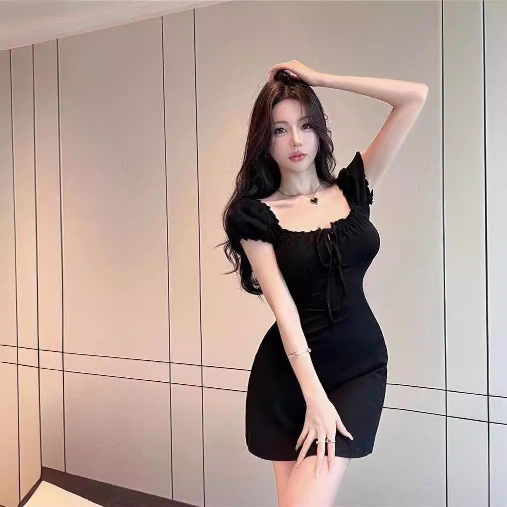 American retro chest hollow strap bubble sleeves black dress women's summer square neck fungus edge waist skirt