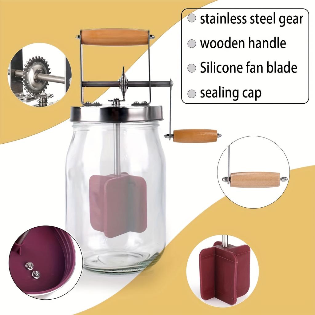 1000ml Manual Butter Churner with Wooden Handle,Stainless Steel Gear Design, Easy to Use Kitchen Gadget for Homemade Butter, Cheese, and More
