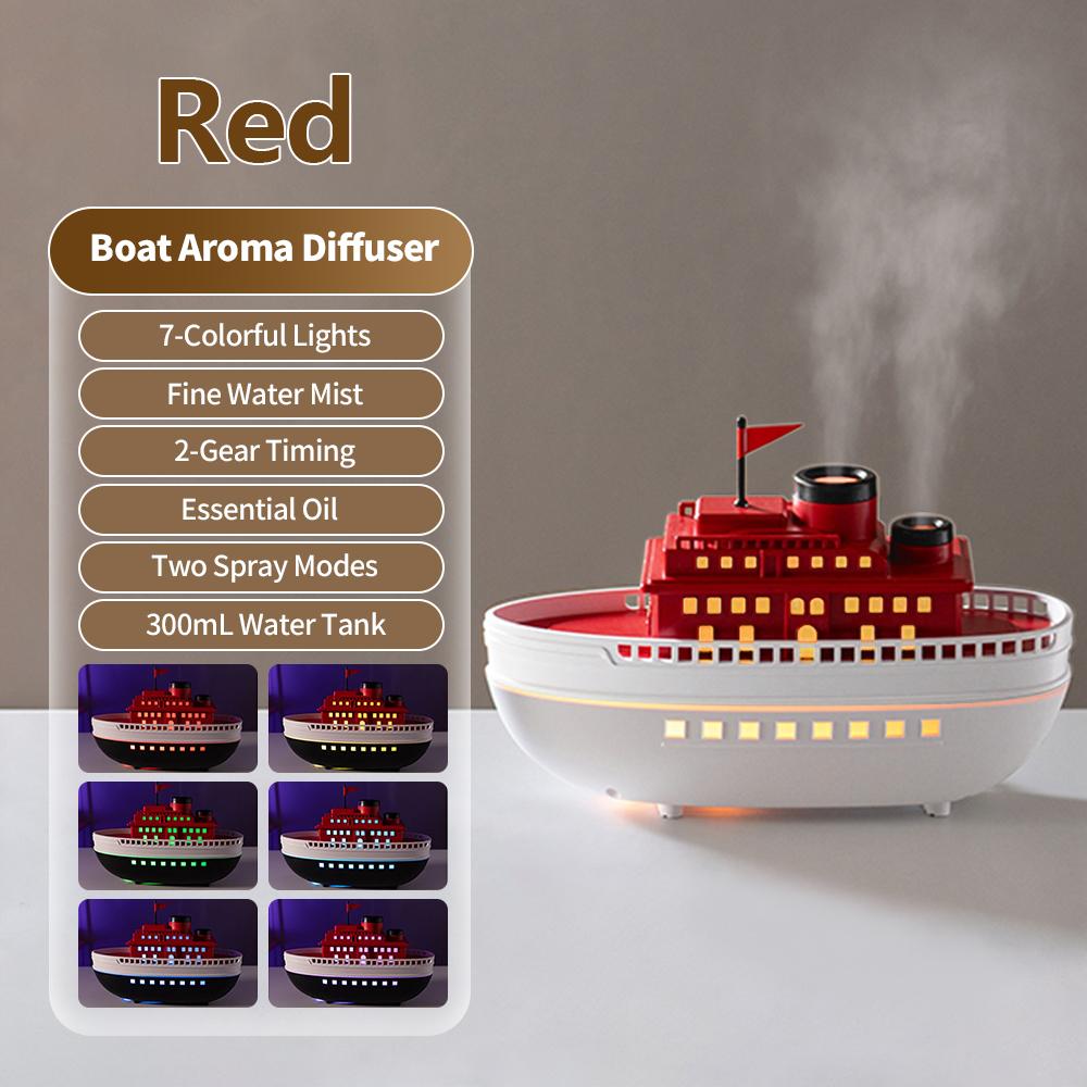 Dyfuzor Aromaterapii do Domu w Kształcie Łodzi z Kolorowymi Lampkami Nocnymi 300ml Cichy Ultradźwiękowy Nawilżacz Powietrza do Dekoracji Biurka Prezent Świąteczny