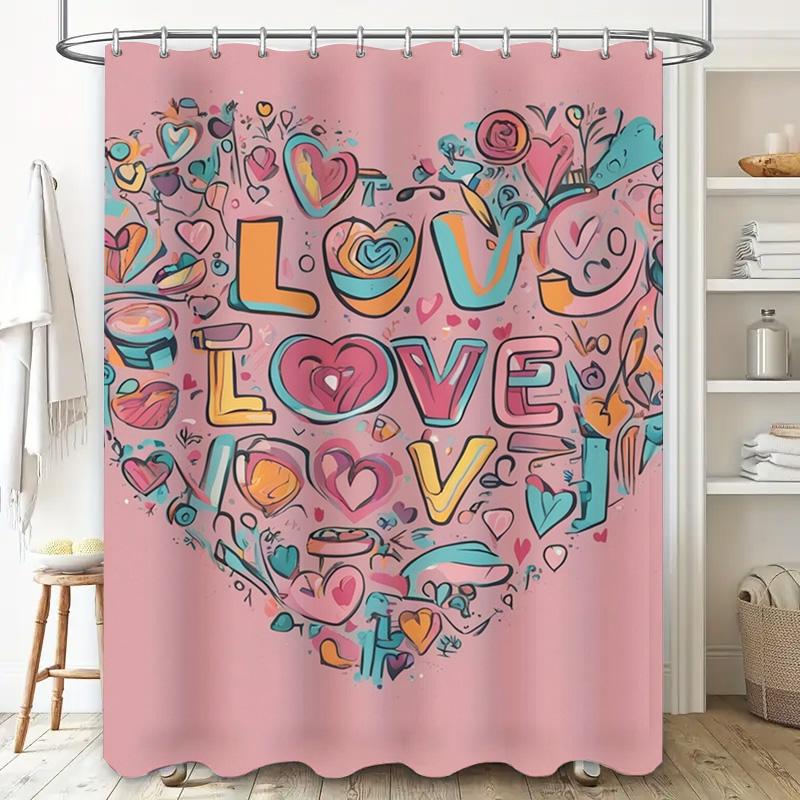 Vibrant "Love" Heart Art Shower Curtain - Waterproof, Mildew-Resistant, Machine Washable For Romantic Bathroom Decor