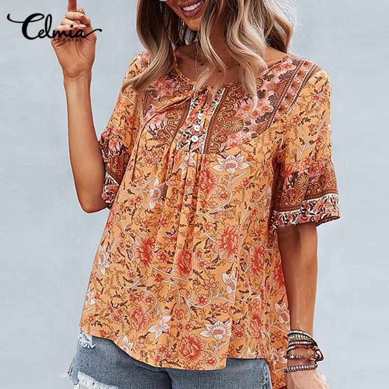 

Celmia Лето Женская мода Цветочный принт Сращивание Топы Короткие рукава Повседневный Винтаж Пуговицы Свободный A Линия Блузка Плюс Размер