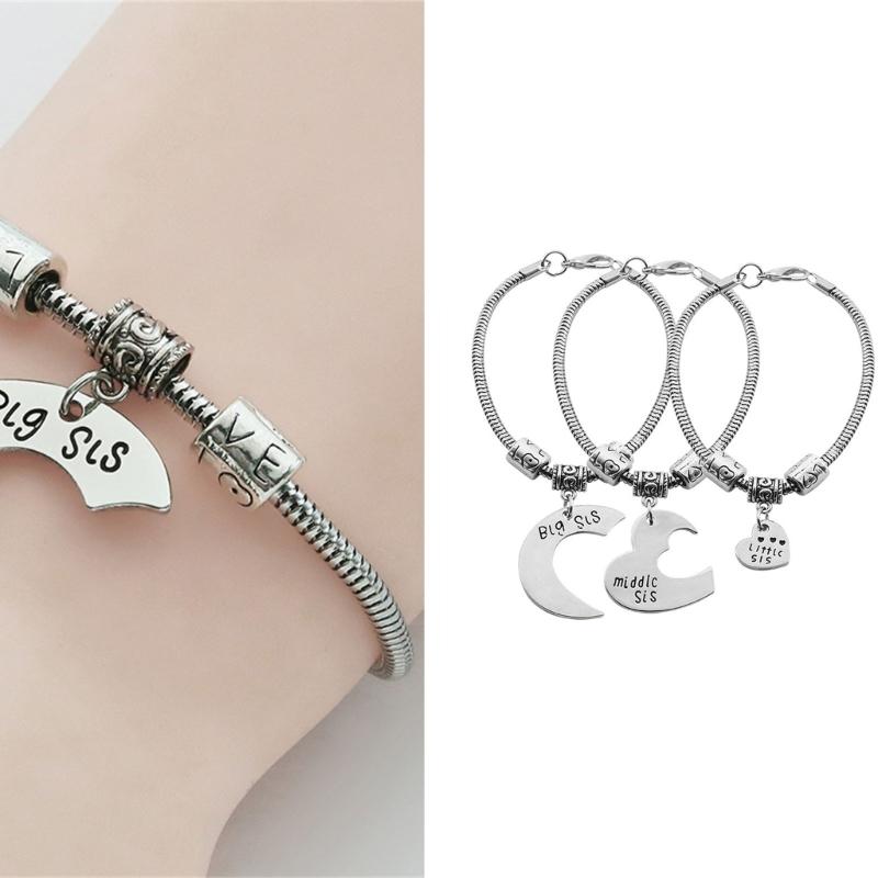 3pcs Zinc Alloy Adjustable Bracelets Gift for Best Friend Sisters Featuring Heart Shape Representing Big Middle Little Sis Love Theme