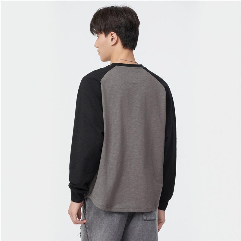 Splicing Contrasting Color Long-Sleeved Sweater T-Shirt Men'S Spring And Autumn Loose Round Neck Without Hat Pullover Casual Jacket On Clothes