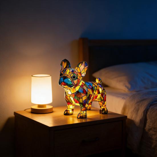 Rainbow Pup Night Light Handmade Vintage Dyed Resin 3D Puppy Lamp USB Powered Soft Warm LED Non-Glaring Decorative Gift for Dog Lovers Bedroom Desk