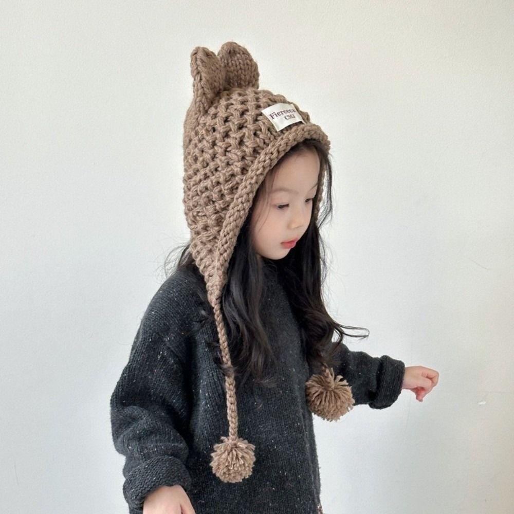Rabbit Ear Baby Crochet Hat Solid Color Ear Protection Cap Fashion Hand Knitted Cap  Toddler